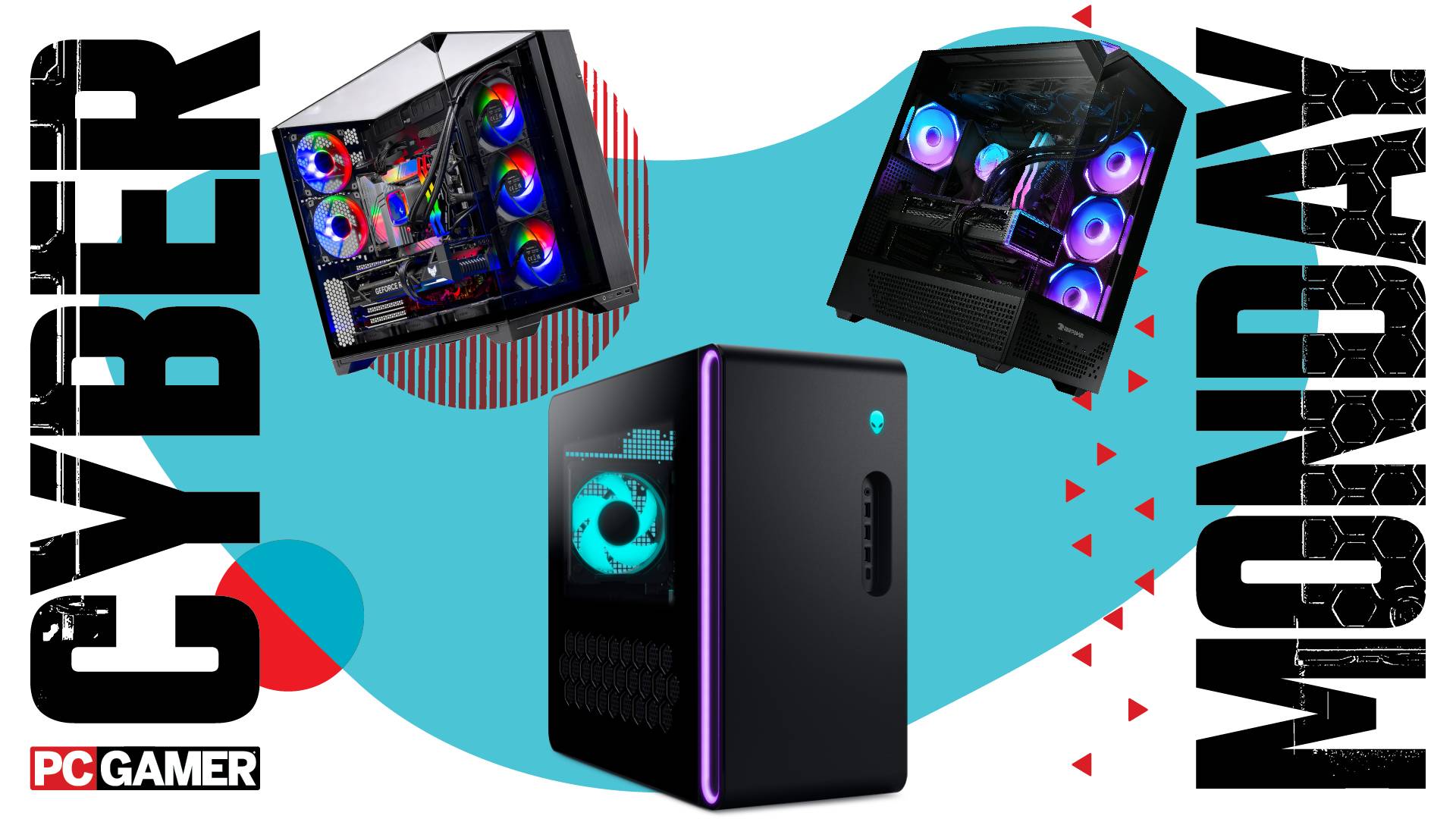 Three gaming PCs on a Cyber Monday background