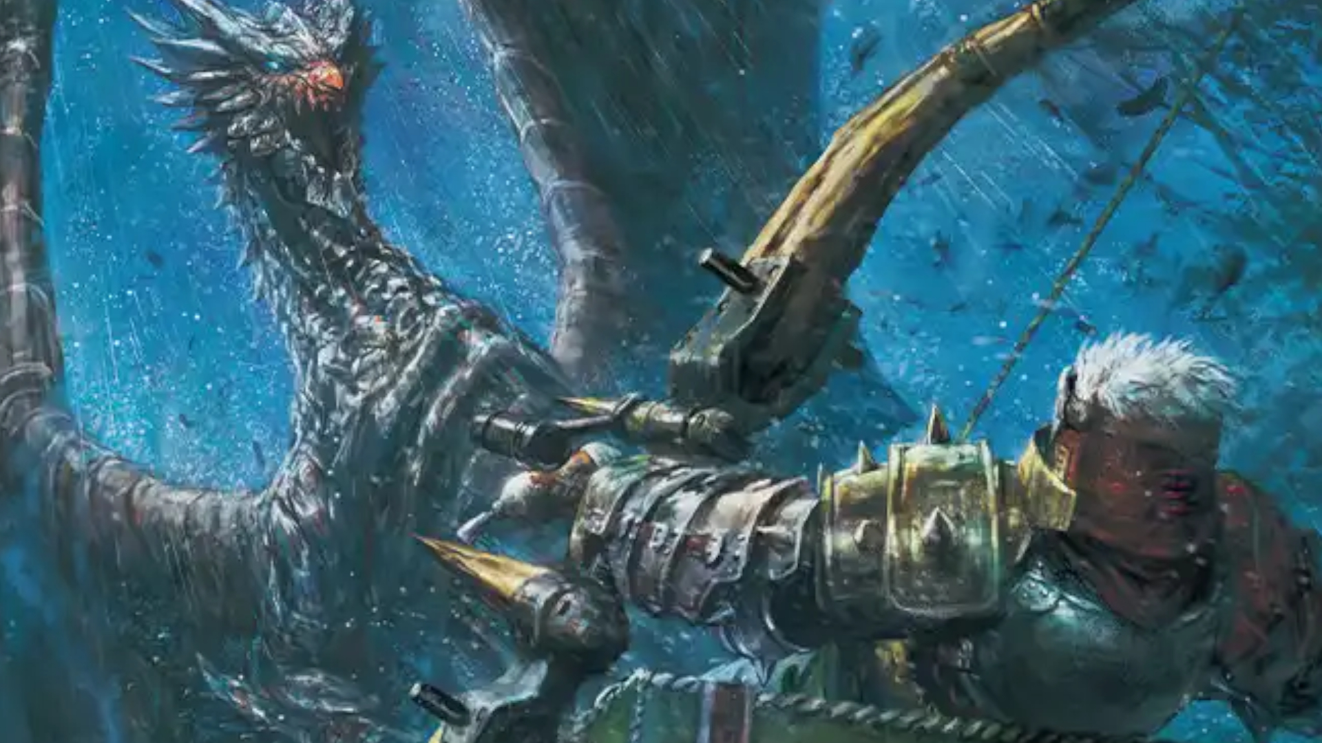 A hunter takes aim at a draconic monster inn the rain with a bow