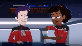 Star Trek: Lower Decks Ensigns Boimler and Mariner have celebratory drinks.