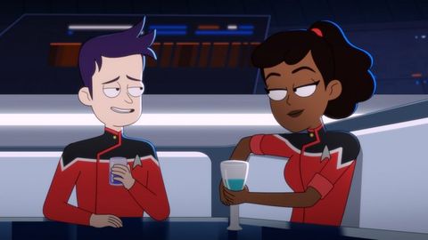 Star Trek: Lower Decks Ensigns Boimler and Mariner have celebratory drinks.