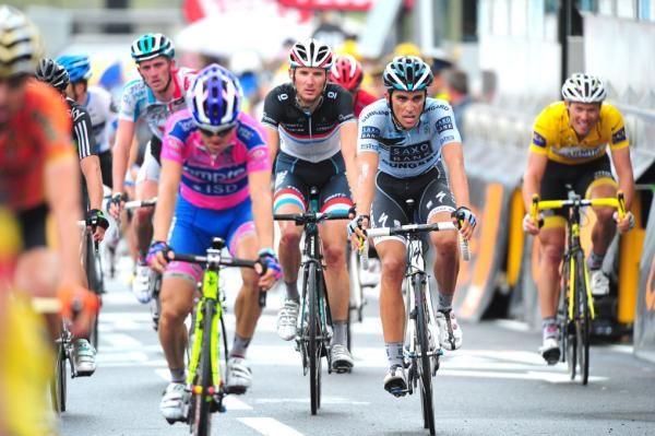 Damiano Cunego (Lampre-ISD), Frank Schleck (Leopard Trek) and Alberto Contador (Saxo Bank-SunGard) at the finish.