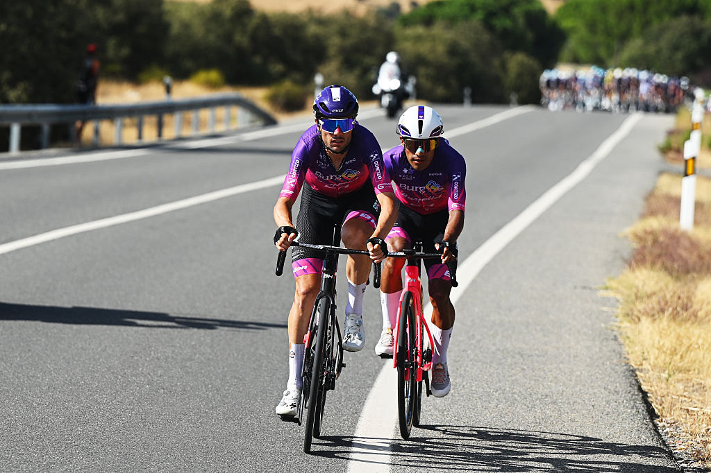 GUIJUELO, SPAIN - SEPTEMBER 12: (L-R) Mario Aparicio of Spain and Sergio Geovani Chumil of Guatemala and Team Burgos Burpellet BH compete in the breakaway during the La Vuelta - 80th Tour of Spain 2025, Stage 19 a 161.9km stage from Rueda to Guijuelo / #UCIWT / on September 12, 2025 in Guijuelo, Spain. (Photo by Dario Belingheri/Getty Images)