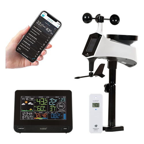 The La Crosse Professional V42 weather station with home display unit, sensor and phone on a white background.
