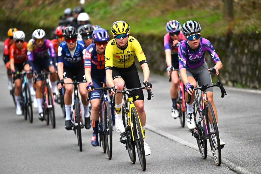 CITTIGLIO ITALY MARCH 16 LR Fem van Empel of Netherlands and Team Visma Lease a Bike and Ella Wyllie of New Zealand and Team Liv AlUla Jayco compete in the breakaway during the 26th Trofeo Alfredo BindaComune di Cittiglio 2025 Womens Elite a 152km one day race from Luino to Cittiglio UCIWWT on March 16 2025 in Cittiglio Italy Photo by Luc ClaessenGetty Images