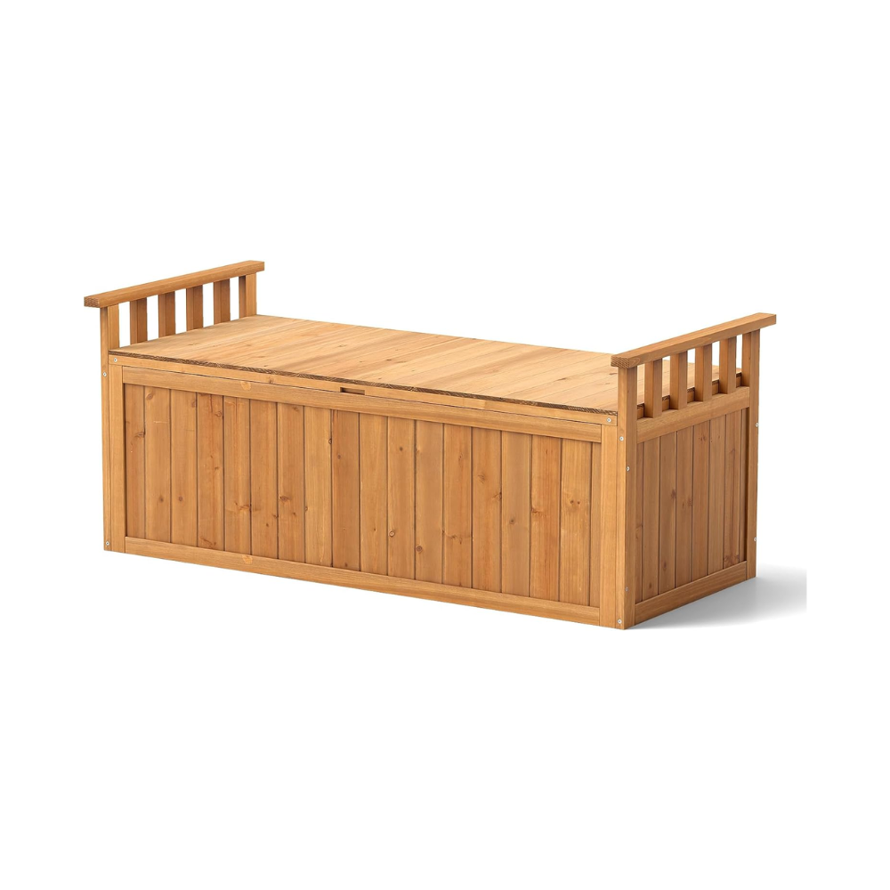 Wooden storage bench with handles on either side