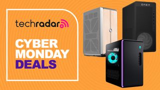 A selection of popular desktop gaming PCs on an orange background with concentric circles and a badge on the left containing techradar logo and text reading "CYBER MONDAY DEALS"