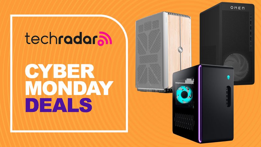A selection of popular desktop gaming PCs on an orange background with concentric circles and a badge on the left containing techradar logo and text reading &quot;CYBER MONDAY DEALS&quot;
