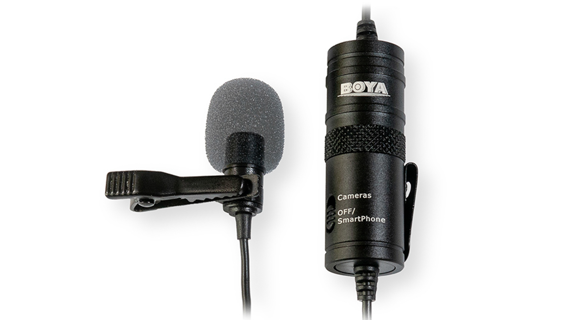  A small black microphone with a foam cover and a clip, designed to be used with cameras or smartphones for vlogging in different environments.