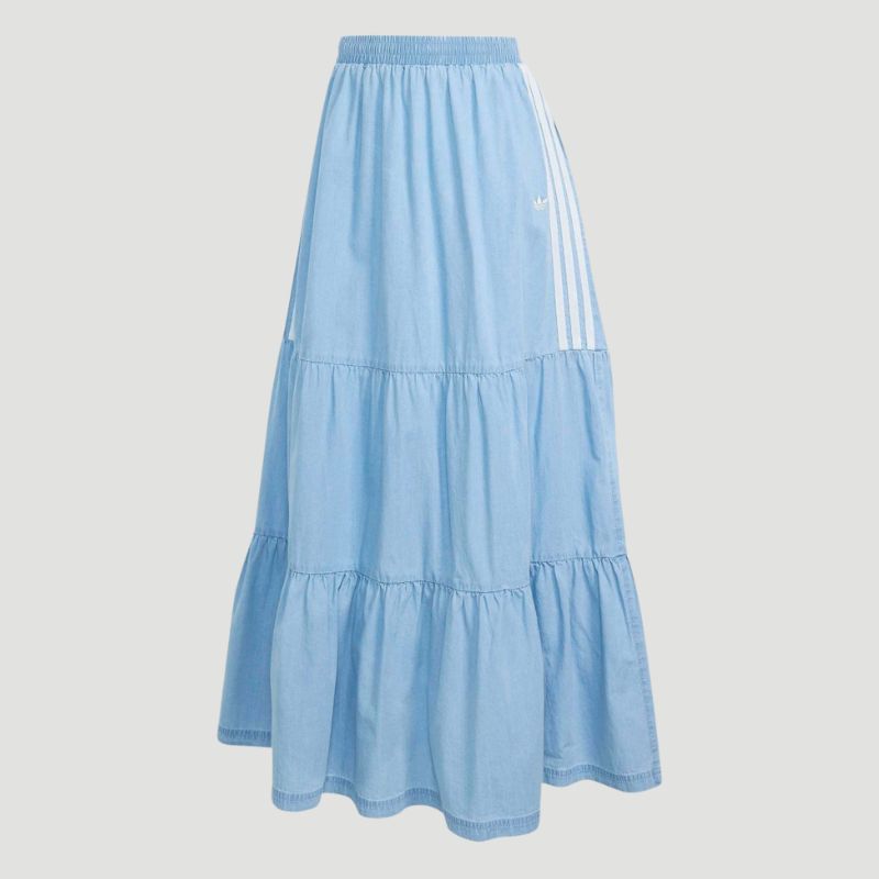 A cutout of a tiered denim maxi skirt by Adidas