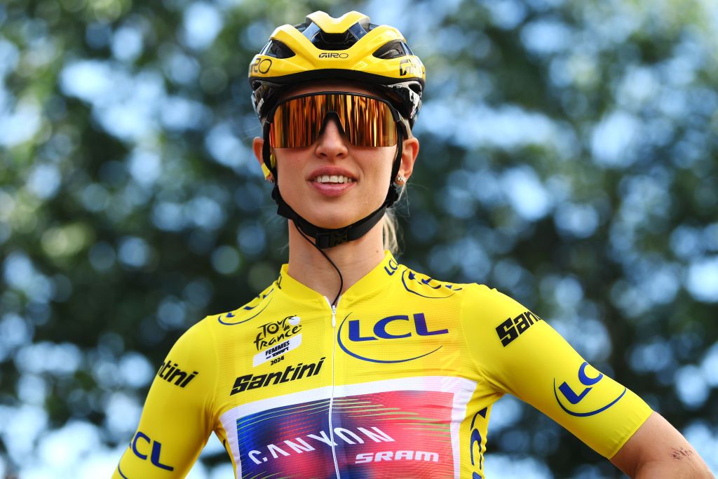 REMIREMONT FRANCE AUGUST 16 Katarzyna Niewiadoma of Poland and Team CanyonSRAM Racing Yellow Lader Jersey prior to the 3rd Tour de France Femmes 2024 Stage 6 a 1592km stage from Remiremont to Morteau UCIWWT on August 16 2024 in Remiremont France Photo by Alex BroadwayGetty Images