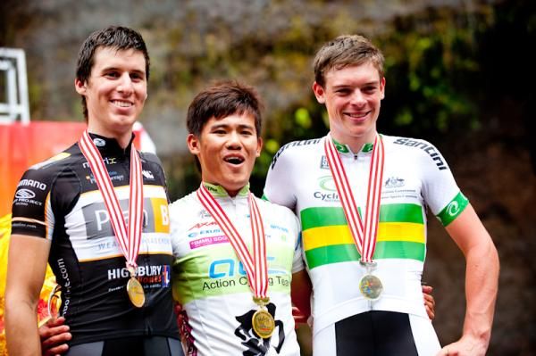 Stage winner Hsian Shihhsin (Action Cycling Team) stands center of the podium