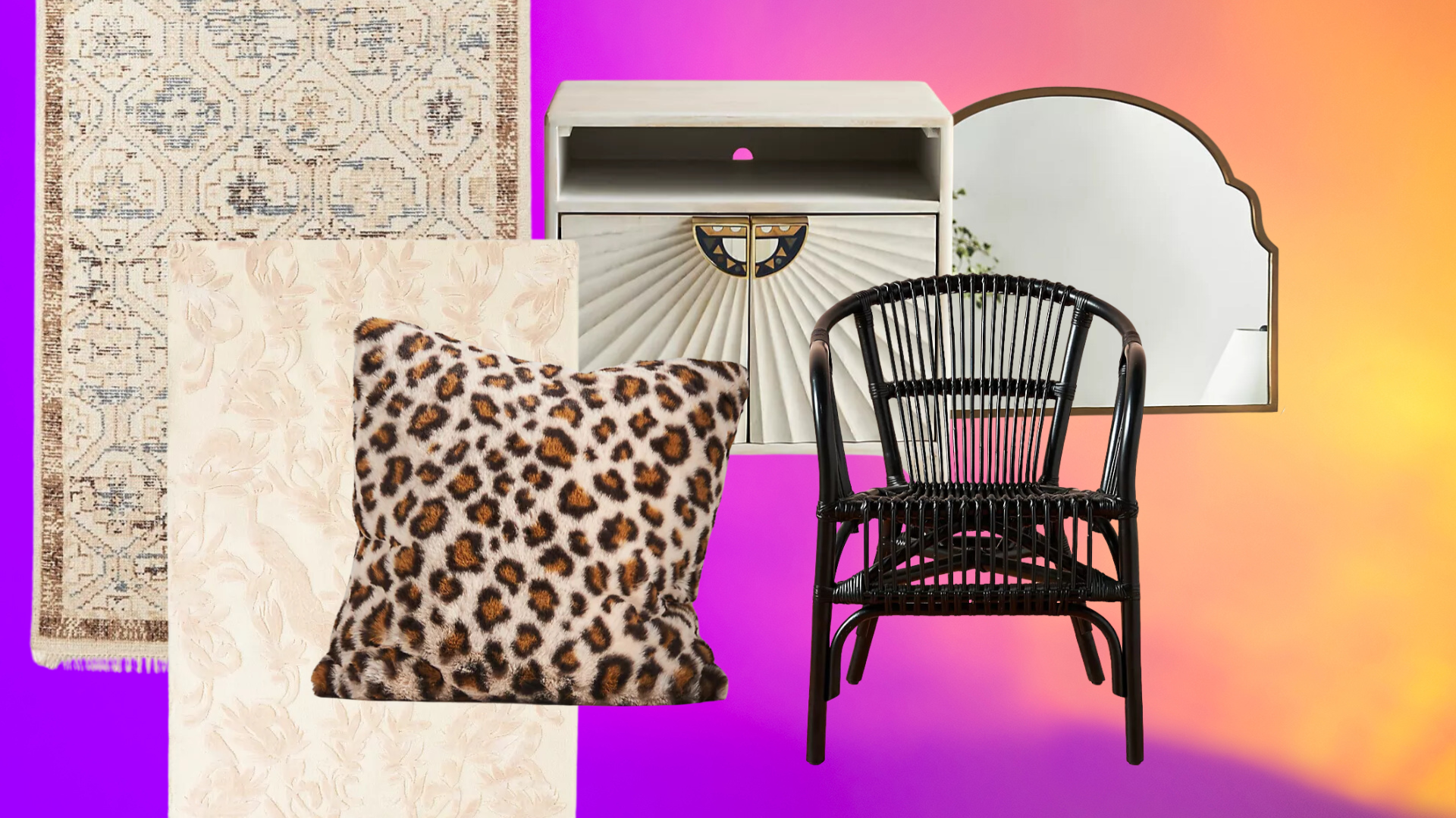 a collection of home decor and funiture items from Anthropologie on a colorful background