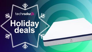 A Helix mattress on a multicolored background with a deals graphic