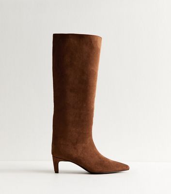 Rust Faux Suede Low Stiletto Heel Knee High Boots