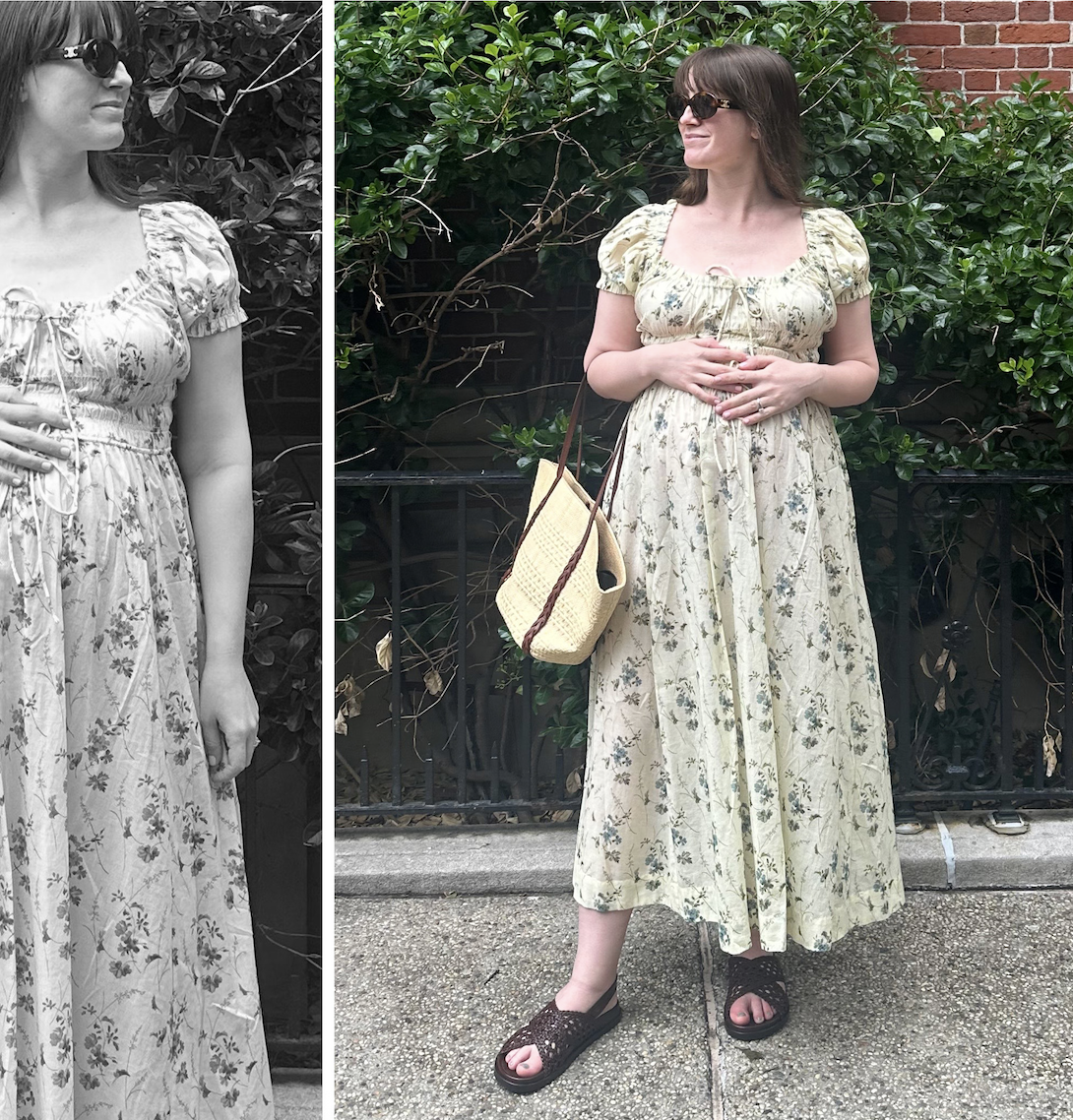 Halie LeSavage wears a D&ocirc;en dress with a straw bag and Sezane sandals in New York City