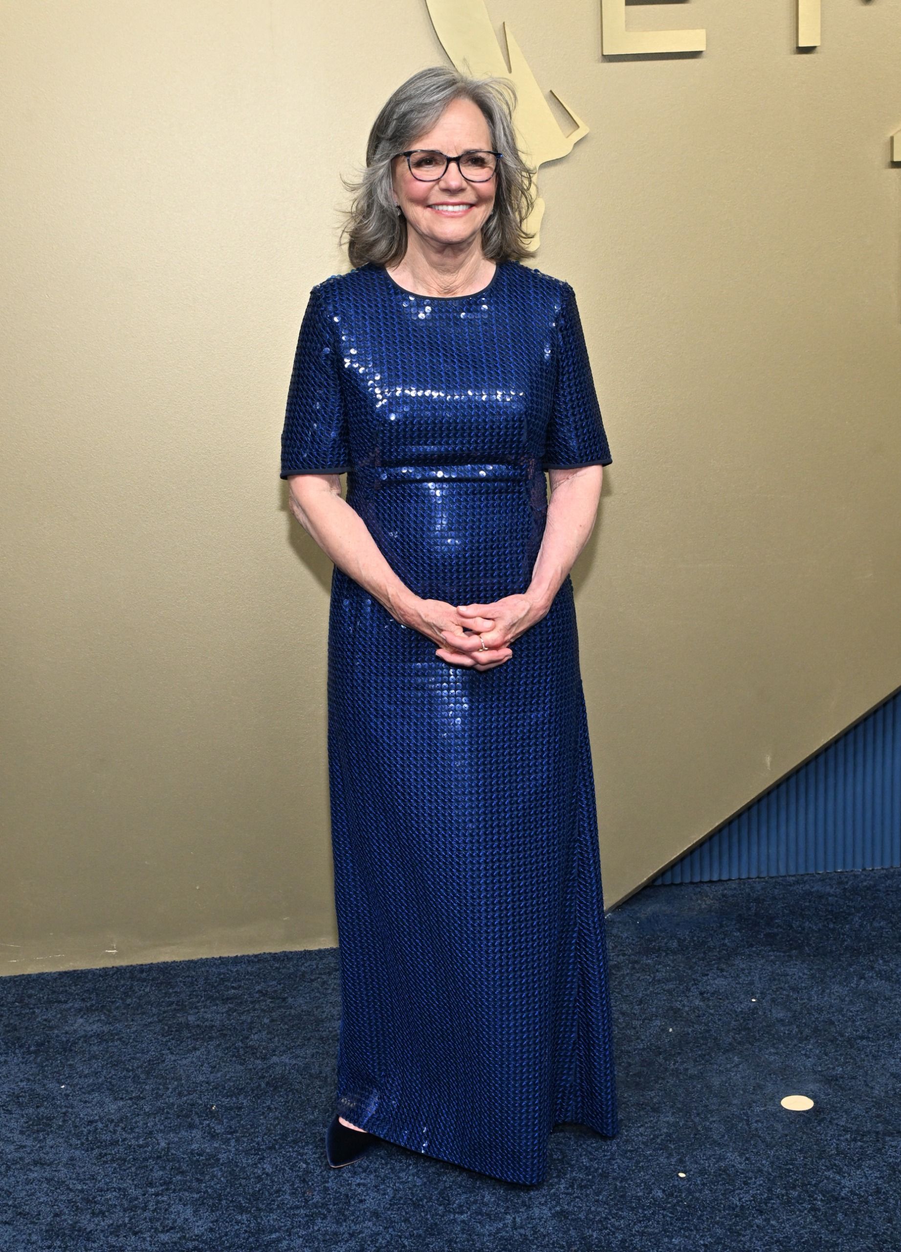 sally field wears long blue sequin dress at the 2026 emmy awards
