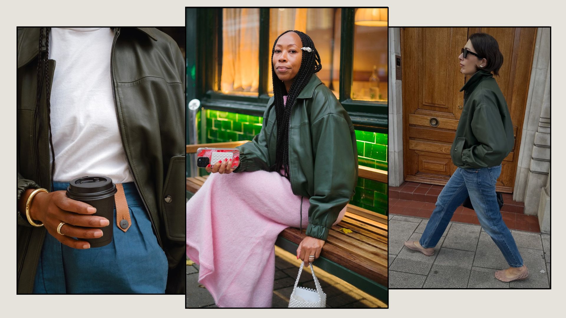 Woman wears green jacket, white t-shirt and blue trousers; woman wears green jacket and pink skirt; woman wears green jacket and blue jeans