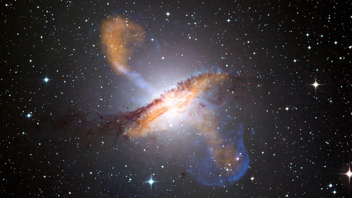 A galaxy with an active galactic nucleus shooting two jets of material into intergalactic space