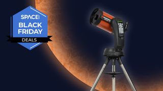 A Celestron NexStar 6SE telescope against an orange planet background