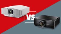 The Sony VPL-XW5000ES and Optoma UHZ78LV projectors, pictured on a grey and red background with a 'versus' logo between them