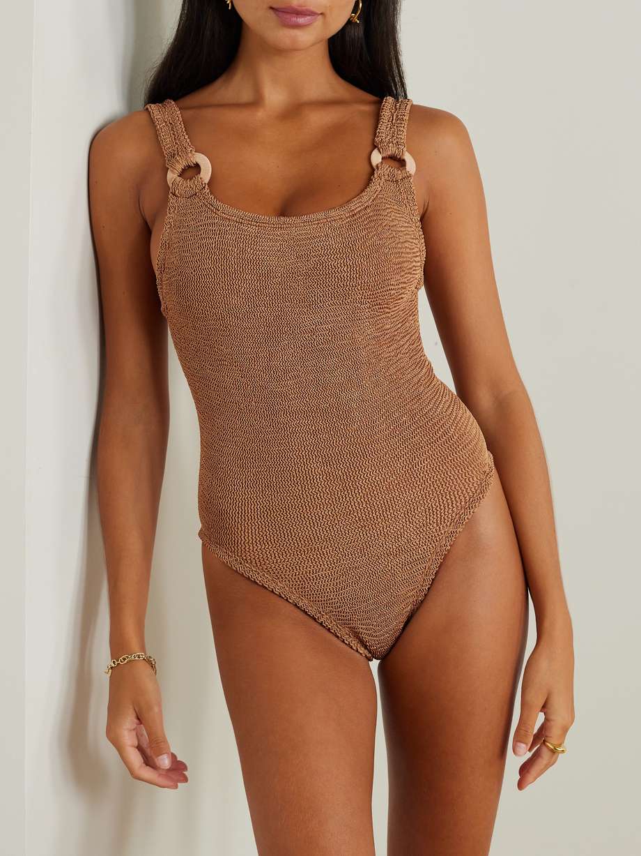 ribbed coffee-colored one-piece Hunza G swimsuit