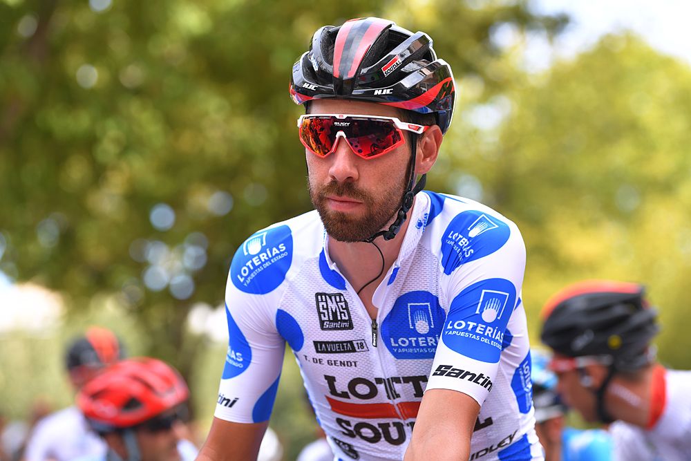 Thomas de Gendt wears the mountain leader's jersey
