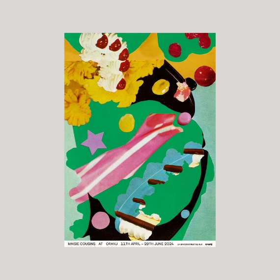 A colorful, abstract poster featuring sections of food, including whipped cream and cherries, candies, chocolate, and more, sits against a pale grey background.