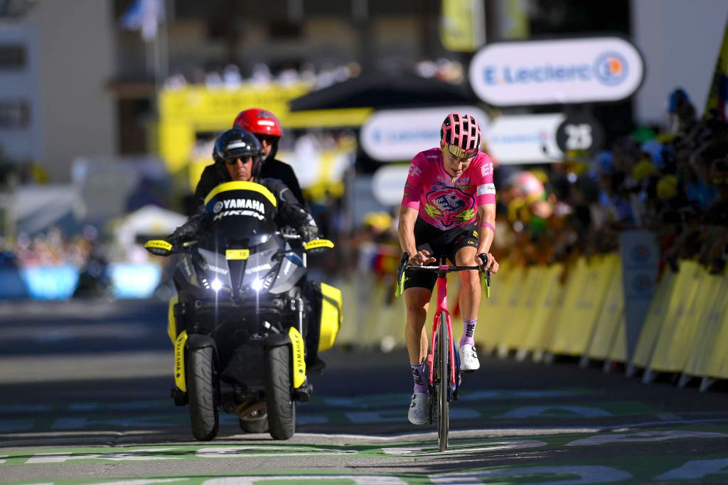 ALPE D'HUEZ, FRANCE - JULY 14: Neilson Powless of United States and Team EF Education - Easypost crosses the finishing line during the 109th Tour de France 2022, Stage 12 a 165,1km stage from Brian&Atilde;&sect;on to L'Alpe d'Huez 1471m / #TDF2022 / #WorldTour / on July 14, 2022 in Alpe d'Huez, France. (Photo by Alex Broadway/Getty Images)