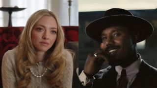 Amanda Seyfried and Michael B Jordan in The Housemaid and Sinners costume (pearls for her, an old timey hat for him) staring just past the camera.