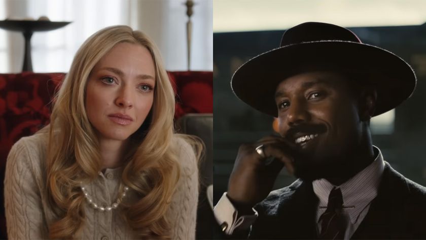 Amanda Seyfried and Michael B Jordan in The Housemaid and Sinners costume (pearls for her, an old timey hat for him) staring just past the camera.