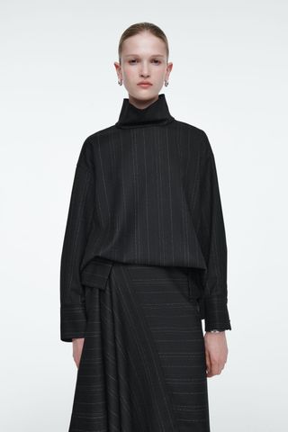 Pinstriped Funnel-Neck Blouse