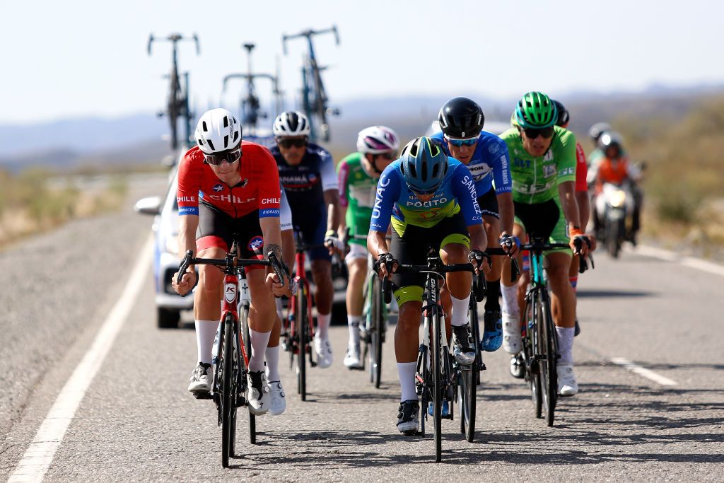 SAN JUAN ARGENTINA JANUARY 22 LR Francisco Kotsakis of Chile and Team Chile and Jose Martin Reyes of Argentina and Team Municipalidad de Pocito compete in the breakaway during the 39th Vuelta a San Juan International 2023 Stage 1 a 1439km stage from San Juan to San Juan on January 22 2023 in San Juan Argentina Photo by Maximiliano BlancoGetty Images