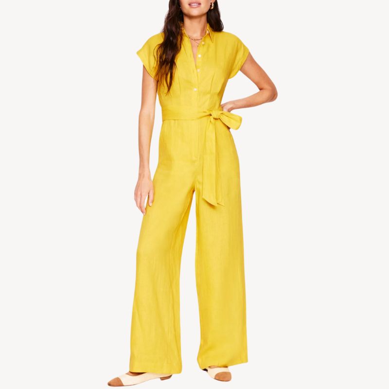 Boden yellow linen jumpsuit on model 