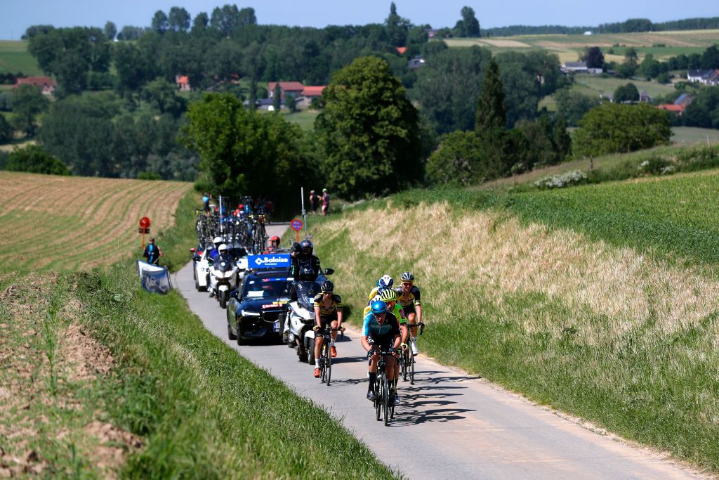 MAARKEDAL BELGIUM JUNE 09 Tom Wirtgen of Luxembourg and Team Bingoal WB Robbe Ghys of Belgium and Team Sport Vlaanderen Baloise Arne Marit of Belgium and Team Sport Vlaanderen Baloise Thijs Aerts of Belgium and Team Baloise Trek Lions Gianni Marchand of Belgium and Team Tarteletto Isorex Julien Van Den Brande of Belgium and Team Tarteletto Isorex Yoeri Havik of Netherlands and Team Beat Cycling Club Jan Willem Van Schip of Netherlands and Team Beat Cycling Club in breakaway during the 90th Baloise Belgium Tour 2021 Stage 1 a 1753km stage from Beveren to Maarkedal baloisebelgiumtour on June 09 2021 in Maarkedal Belgium Photo by Bas CzerwinskiGetty Images