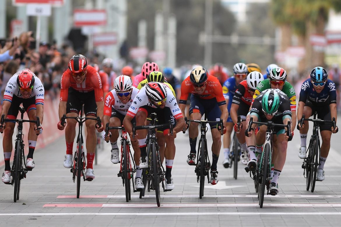Sam Bennett (Bora-Hansgrohe) wins stage 7 of the UAE Tour.