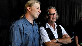 Derek Trucks and Eric Clapton backstage during the 2010 Crossroads Guitar Festival at Toyota Park on June 26, 2010 in Bridgeview, Illinois.