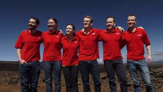 The HI-SEAS V crew poses for a group photo after completing their mock Mars mission on Sept. 17. From left to right: Brian Ramos, Laura Lark, Ansley Barnard, Samuel Payler, Joshua Ehrlich, James Bevington
