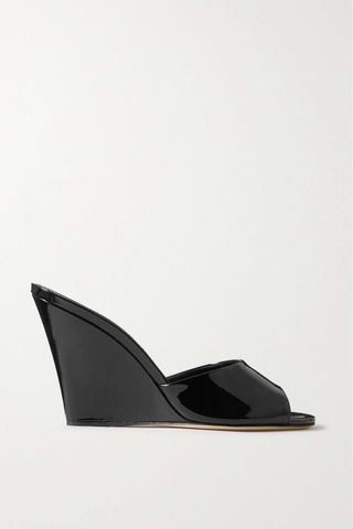 black mule wedges in patent leather