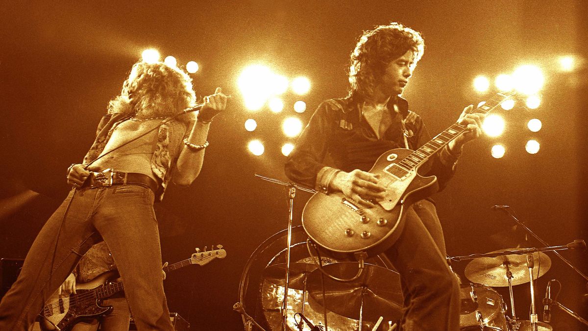 Robert Plant and Jimmy Page performing live onstage with Led Zeppelin