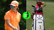 Rickie Fowler walks off the green holding a putter, with a close up of his golf bag