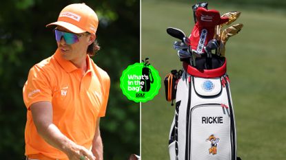 Rickie Fowler walks off the green holding a putter, with a close up of his golf bag