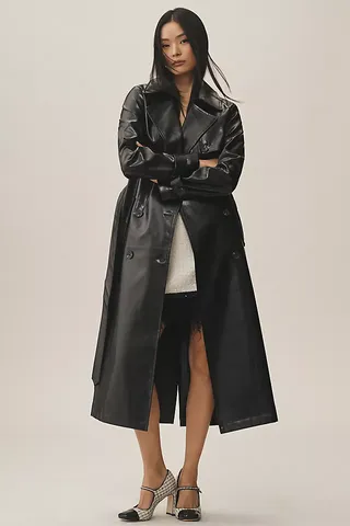 Avec Les Filles Glazed Faux-Ever Leather™ Belted Trench Coat