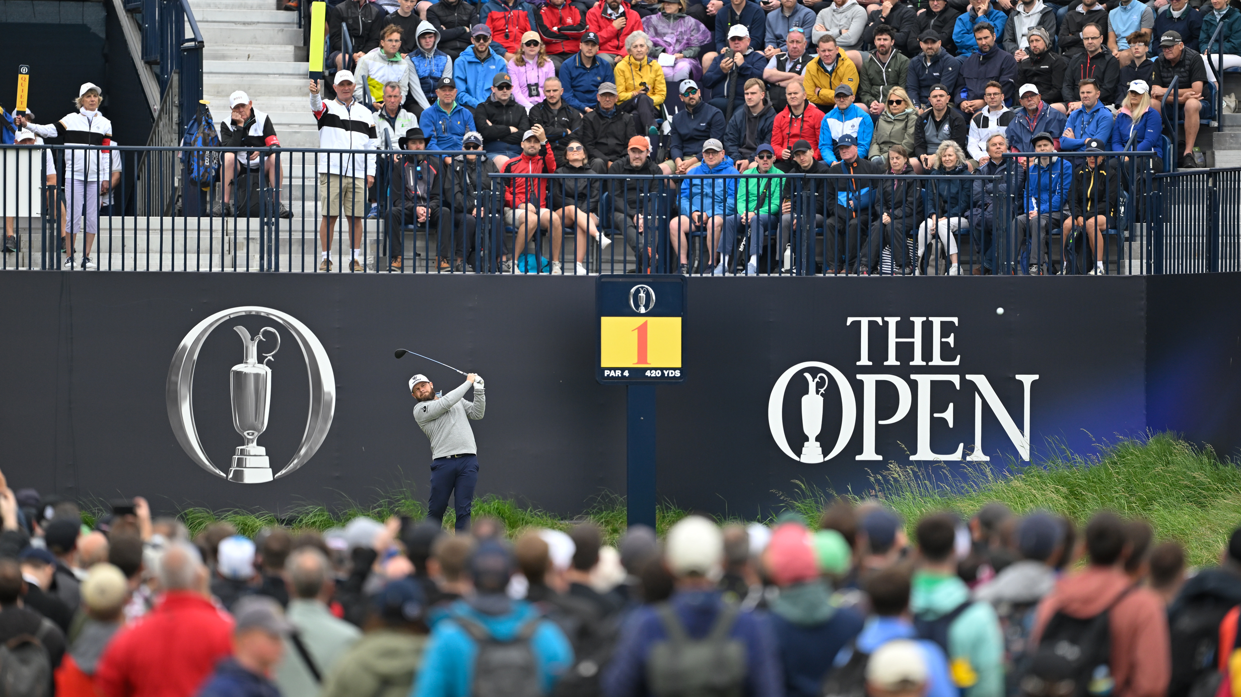 Tyrrell Hatton tees off from the first hole at Royal Portrush during the 2025 Open Championship