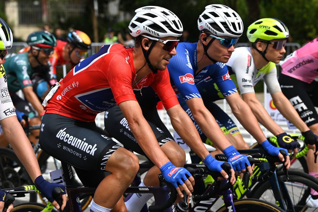 NONGLA CHINA OCTOBER 15 LR Dries De Bondt of Belgium Red Leader Jersey and Senne Leysen of Belgium and Team AlpecinDeceuninck compete during the 4th GreeTour of Guangxi 2023 Stage 4 a 1614km stage from Nanning to Nongla 644m UCIWT on October 15 2023 in Nongla China Photo by Tim de WaeleGetty Images
