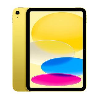 Apple iPad 2022 in yellow, front and rear views on white background