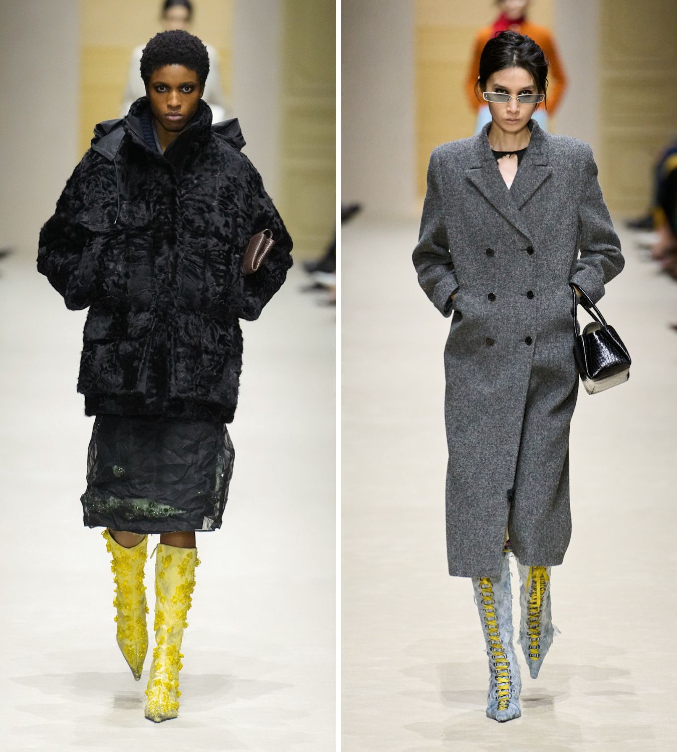 models wearing statement boots at prada aw26 show in milan