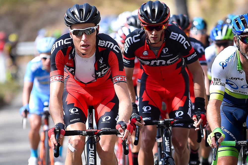 Michael Schar and Peter Velits lead the peloton during stage 6 at Paris-Nice.