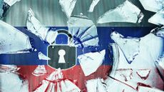 Russian cyber crime concept image showing Russian national flag with padlock symbol in background with smashed glass in foreground.