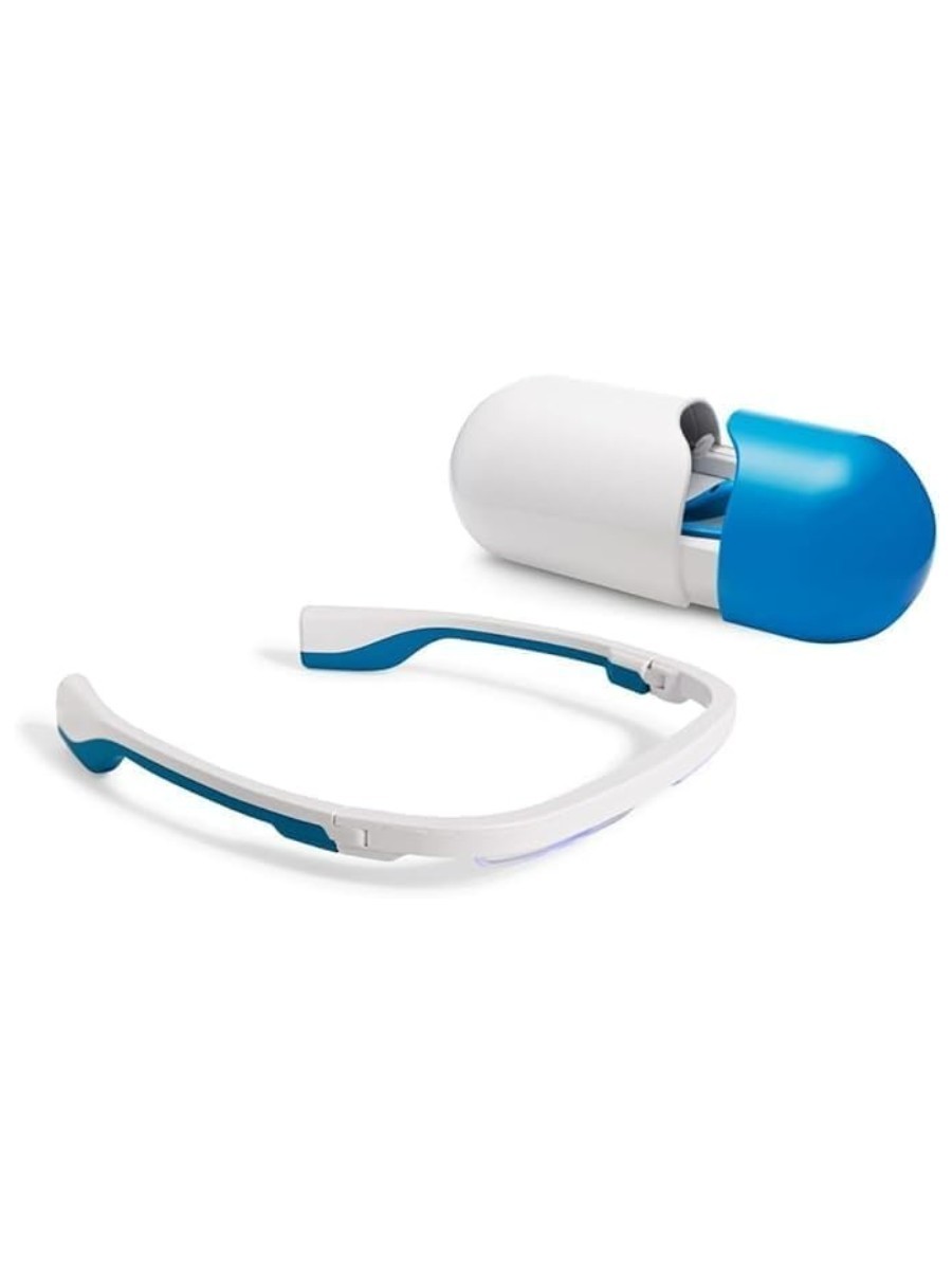 The AYO Blue Light therapy glasses and case, against a white background