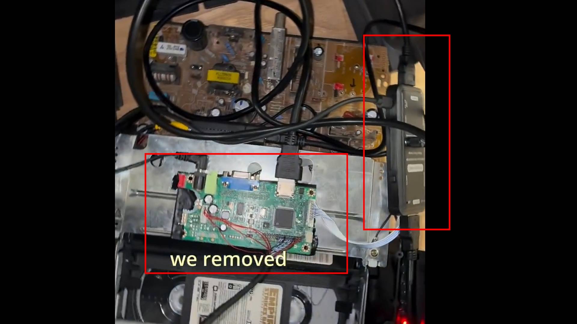 Screenshop of RetroBox prototype showing insides featuring red boxes highlighting HDMI VGA adapter and scanline generator.